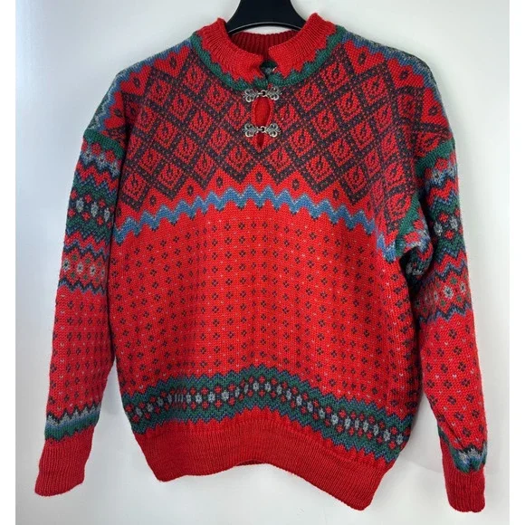 Dale Of Norway Pure Wool Lined Heavyweight Sweater Red Nordic Print Clasp Large - Picture 2 of 16